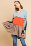 Striped Long Sleeve Color Blocked Hooded Tunic With Drawstring And Ruffle Hem