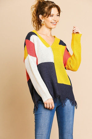 Color Blocked Long Sleeve V-neck Knit Pullover Sweater