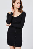 Long Sleeve Off The Shoulder Neckline Front Snap Button Detail Cotton Spandex Heavy Rib Mini Dress