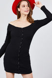 Long Sleeve Off The Shoulder Neckline Front Snap Button Detail Cotton Spandex Heavy Rib Mini Dress