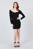 Long Sleeve Off The Shoulder Neckline Front Snap Button Detail Cotton Spandex Heavy Rib Mini Dress