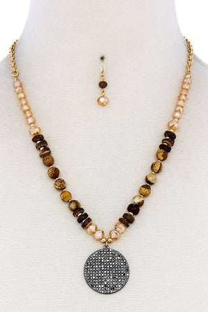 Beaded And Circle Pendant Necklace And Earring Set