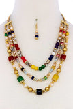 Multi Beaded Three Layer Necklace And Earring Set