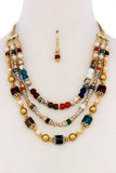 Multi Beaded Three Layer Necklace And Earring Set