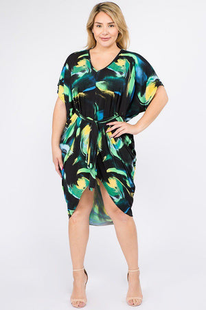 Multi Color Print Short Sleeve Kimono Dress With Waist Tie