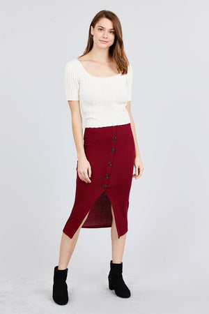 Front Button Detail Rib Midi Skirt