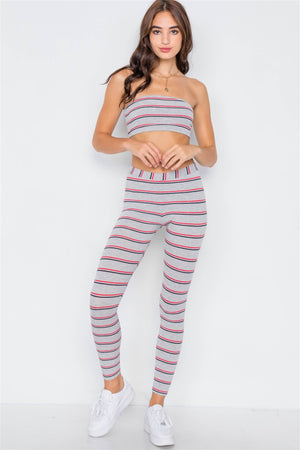 Multi Stripe Ribbed Crop Tube Top & Ankle Legging Set