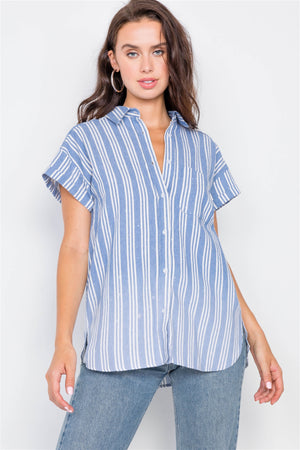 Washed Pinstripe Button Down Top