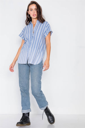 Washed Pinstripe Button Down Top