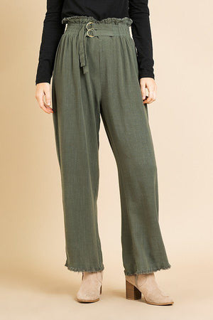 Linen Blend High Waist Paperbag Wide Leg Pant