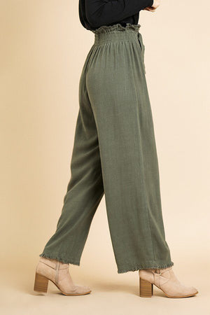 Linen Blend High Waist Paperbag Wide Leg Pant