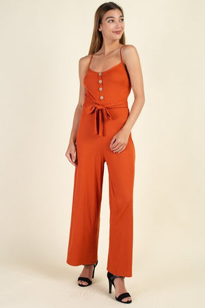 Waist Side Belt Rib Jumpsuit