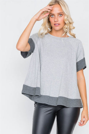 Grey Contrast Trim Flare Cotton Tee