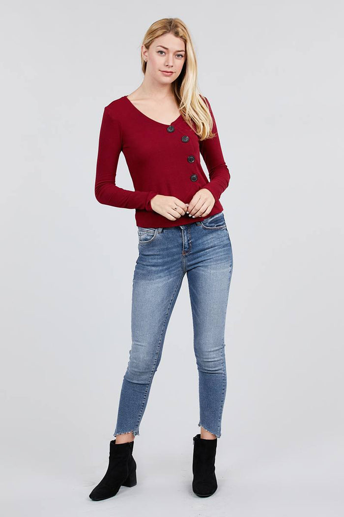 Long Sleeve V-neck Cross Wrap W/button Detail Rib Knit Top