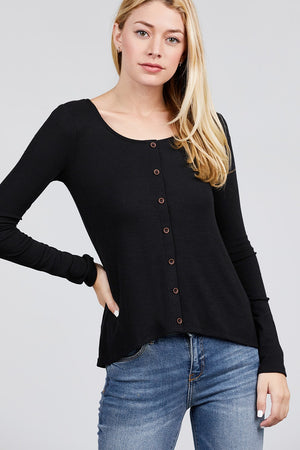 Long Sleeve Round Neck Button Detail Rib Knit Top