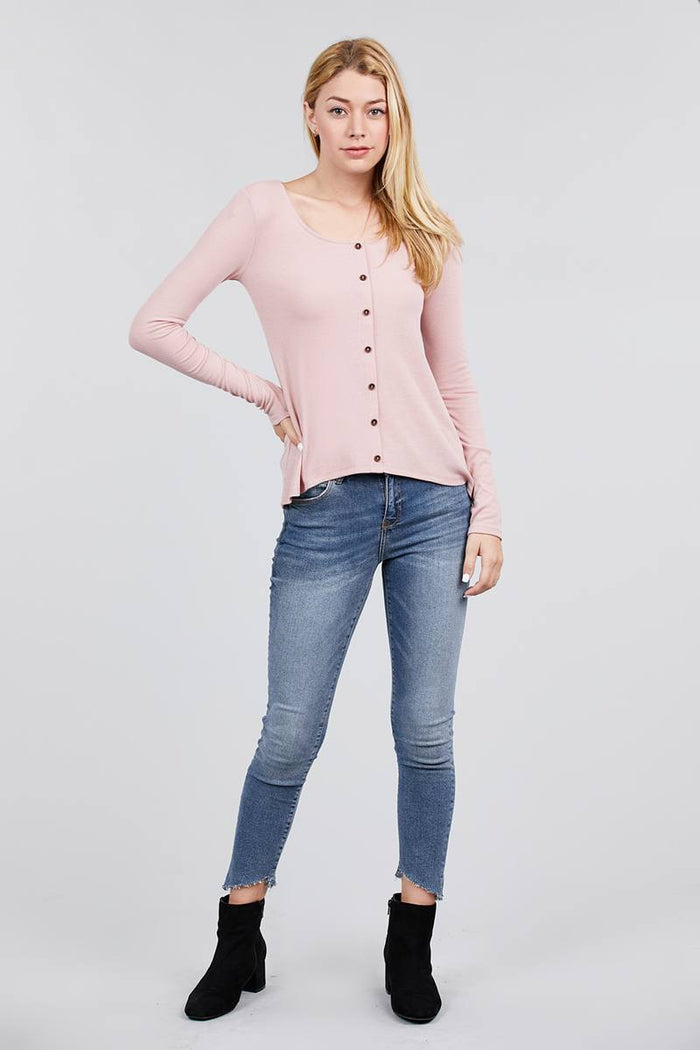 Long Sleeve Round Neck Button Detail Rib Knit Top