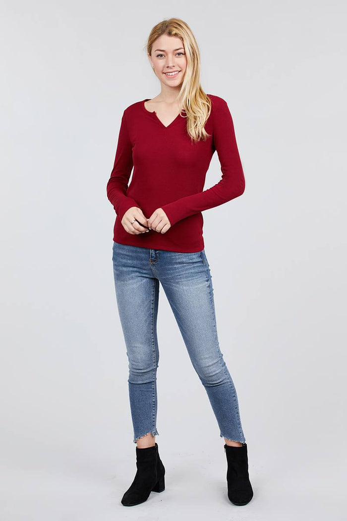 Long Sleeve V-notch Neck Rib Knit Top