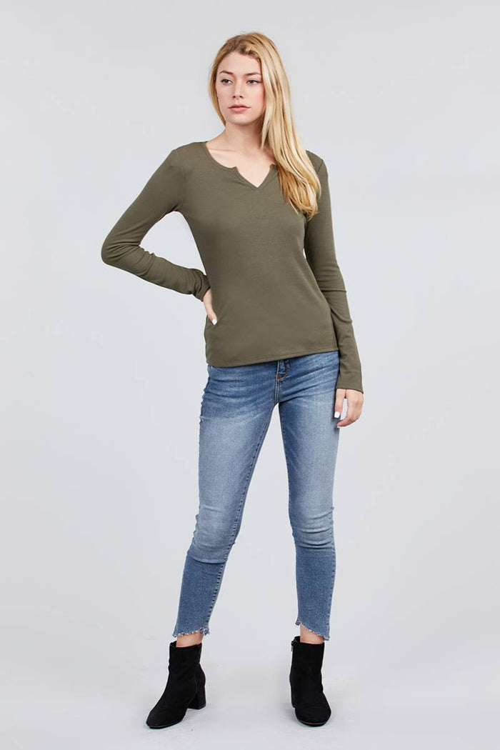 Long Sleeve V-notch Neck Rib Knit Top