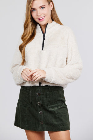 Long Dolman Sleeve Mock Neck W/zipper Detail Toggle Elastic Hem Faux Fur Top