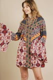 Multi-print Trumpet Sleeve Dress With A Drawstring Split Neck