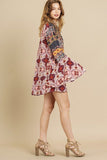 Multi-print Trumpet Sleeve Dress With A Drawstring Split Neck