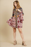 Multi-print Trumpet Sleeve Dress With A Drawstring Split Neck