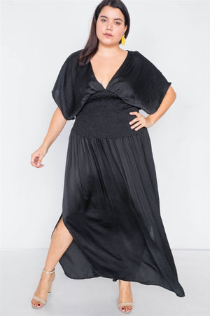 Plus Size V-neck Satin Kimono Sleeve Maxi Dress