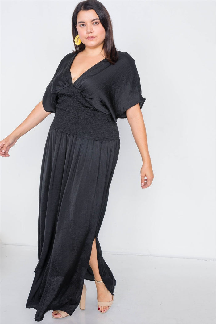 Plus Size V-neck Satin Kimono Sleeve Maxi Dress