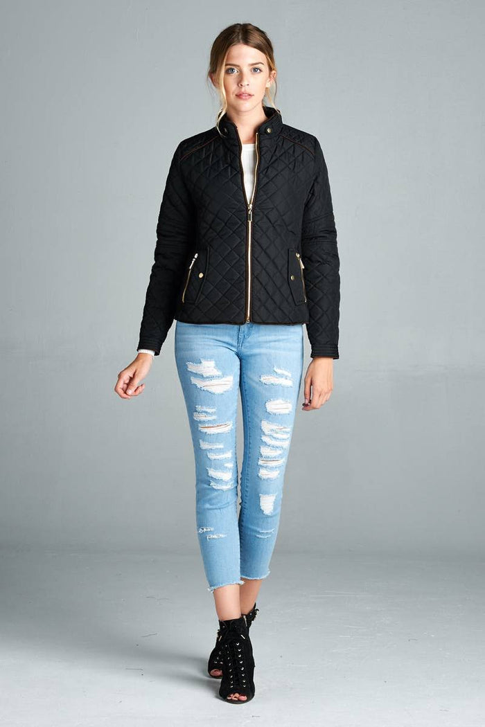 Quilted Padding Jacket With Suede Piping Details