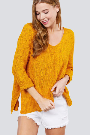 3/4 Sleeve Side Slits Fish Net Sweater Top