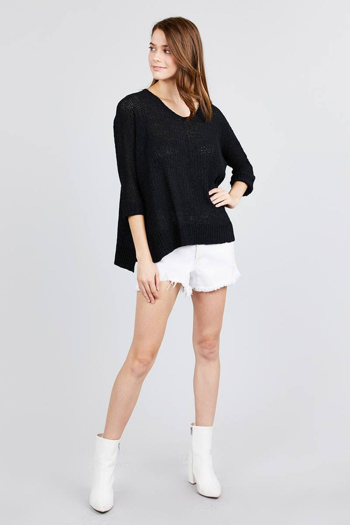 3/4 Sleeve Side Slits Fish Net Sweater Top