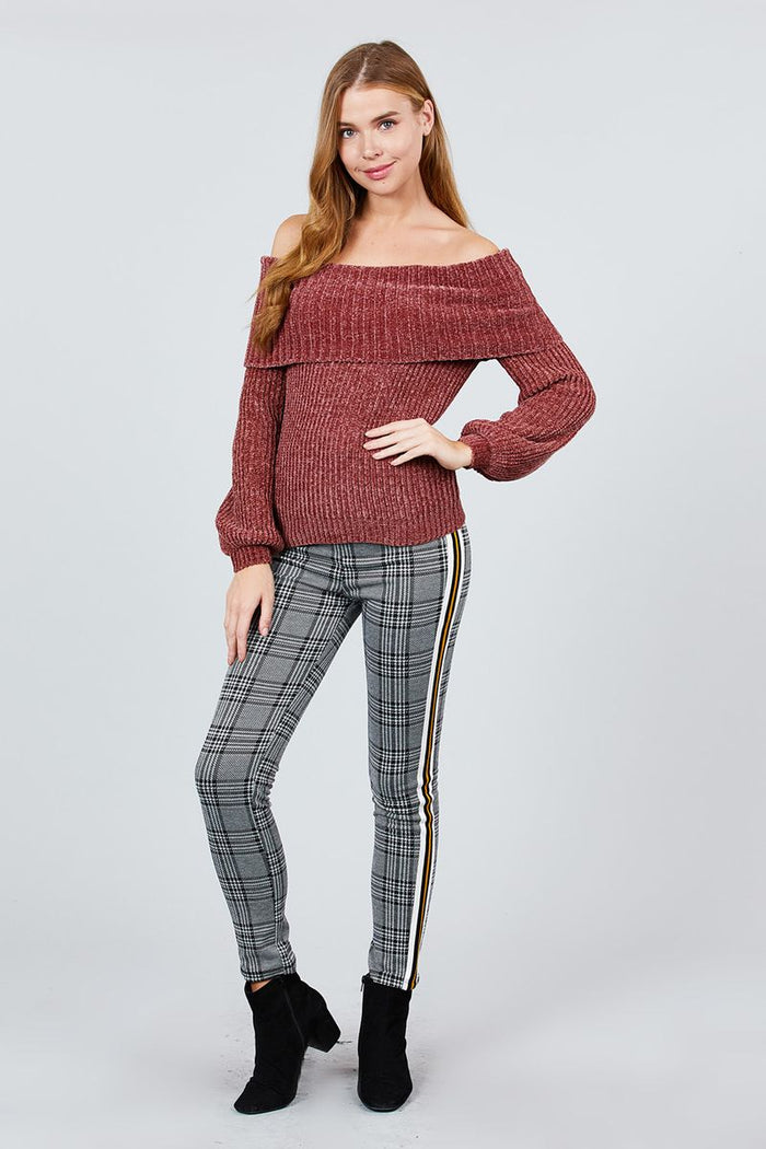 Long Sleeve Fold Over Off The Shoulder Chenille Sweater