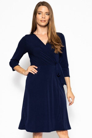 Cute Midi 3/4 Sleeve Dress With A Overlapping V-neck Line And A Belted Waist