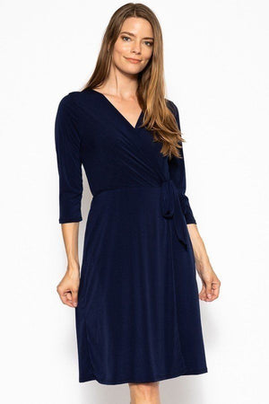 Cute Midi 3/4 Sleeve Dress With A Overlapping V-neck Line And A Belted Waist