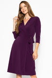 Cute Midi 3/4 Sleeve Dress With A Overlapping V-neck Line And A Belted Waist