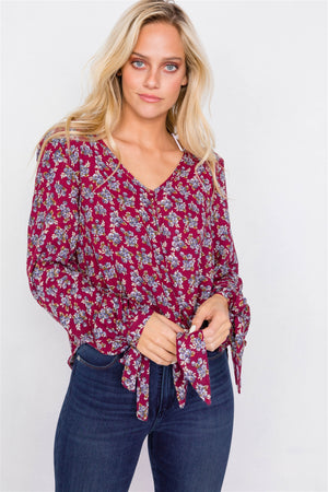 Burgundy High-low Center Tie Scoop Neck Blouse