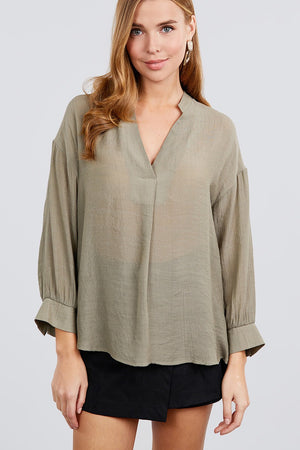 3/4 Cuff Sleeve V-neck W/collar Woven Top