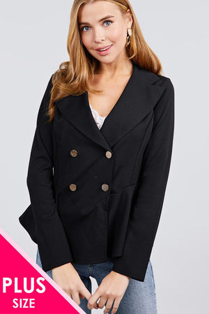 Long Sleeve Notched Lapel Collar Double Breasted Ruffle Hem Jacket