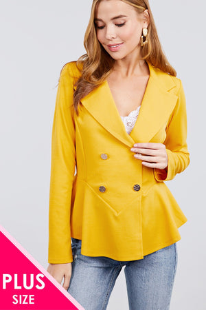 Long Sleeve Notched Lapel Collar Double Breasted Ruffle Hem Jacket