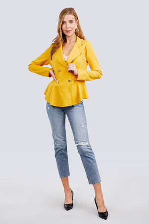 Long Sleeve Notched Lapel Collar Double Breasted Ruffle Hem Jacket