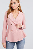 Long Sleeve Notched Lapel Collar Double Breasted Ruffle Hem Jacket