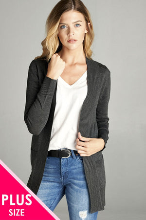 Long Sleeve Rib Banded Open Sweater Cardigan W/pockets