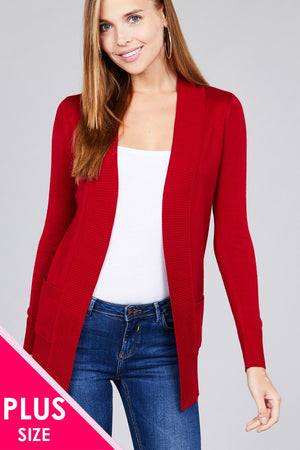 Long Sleeve Rib Banded Open Sweater Cardigan W/pockets