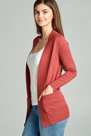 Long Sleeve Rib Banded Open Sweater Cardigan W/pockets