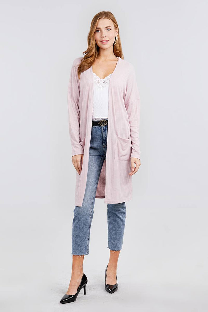 Long Dolman Sleeve Open Front W/pocket Pointelle Rib Long Cardigan