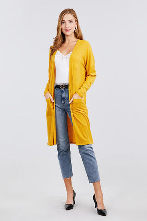 Long Dolman Sleeve Open Front W/pocket Pointelle Rib Long Cardigan