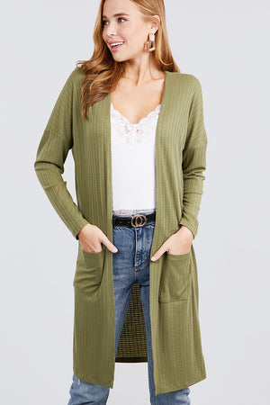 Long Dolman Sleeve Open Front W/pocket Pointelle Rib Long Cardigan