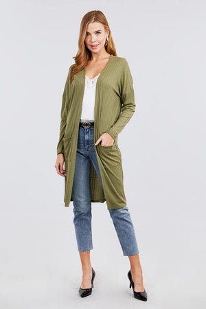 Long Dolman Sleeve Open Front W/pocket Pointelle Rib Long Cardigan