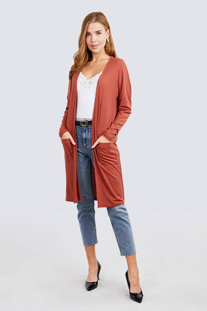 Long Dolman Sleeve Open Front W/pocket Pointelle Rib Long Cardigan