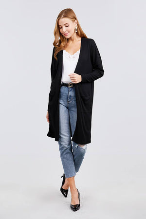 Long Dolman Sleeve Open Front W/pocket Pointelle Rib Long Cardigan